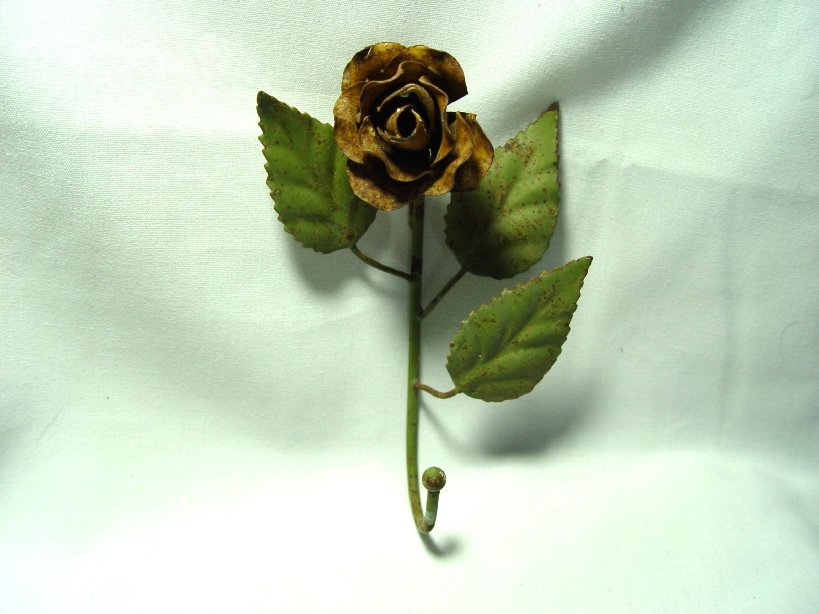 Flower Wall Hook Distressed Metal |Brown Finish Green Leaf Rustic Cottage Shabby
