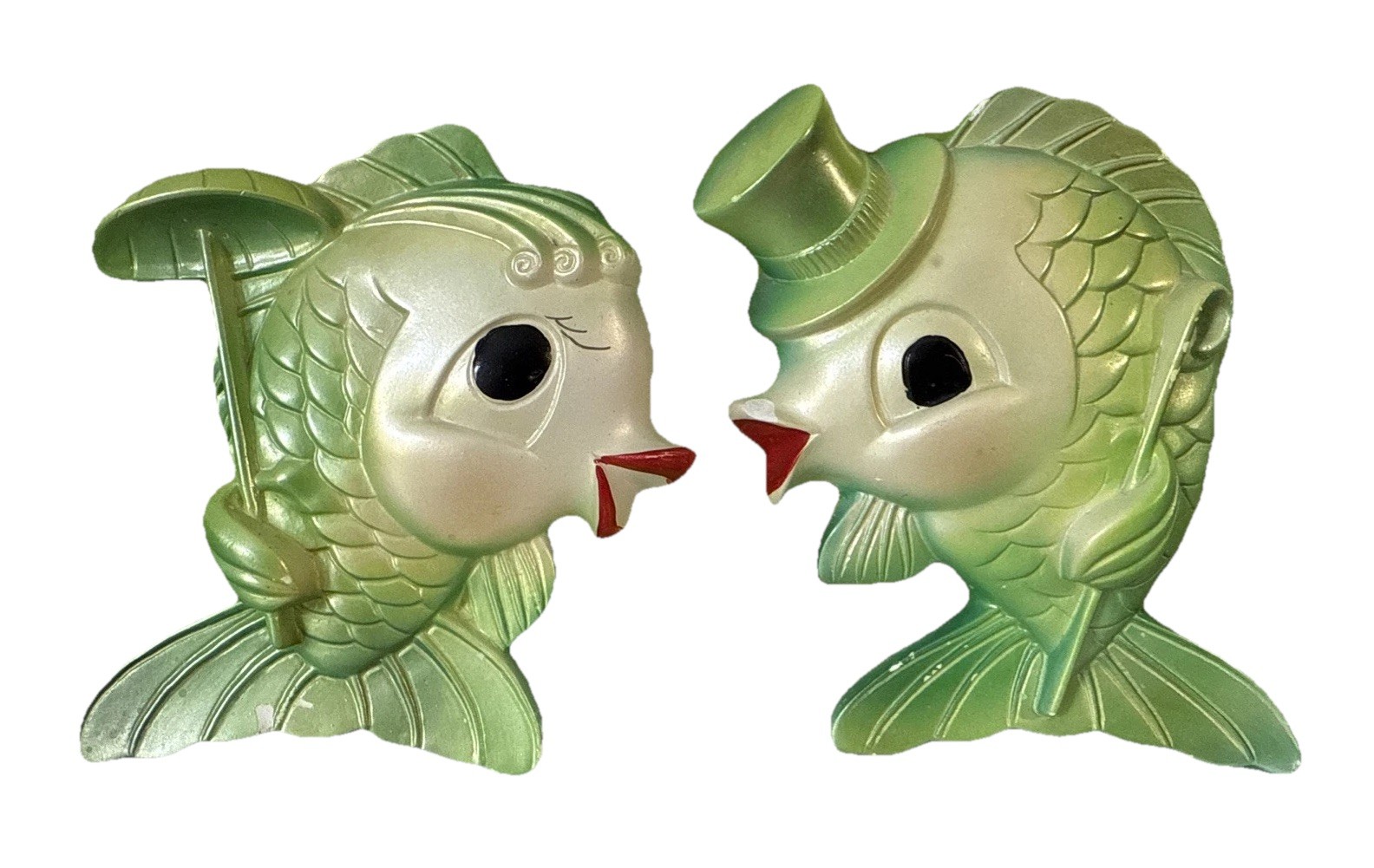 Vintage 1969 Miller Studios Anthropomorphic Chalkware Green Fish Wall Plaques