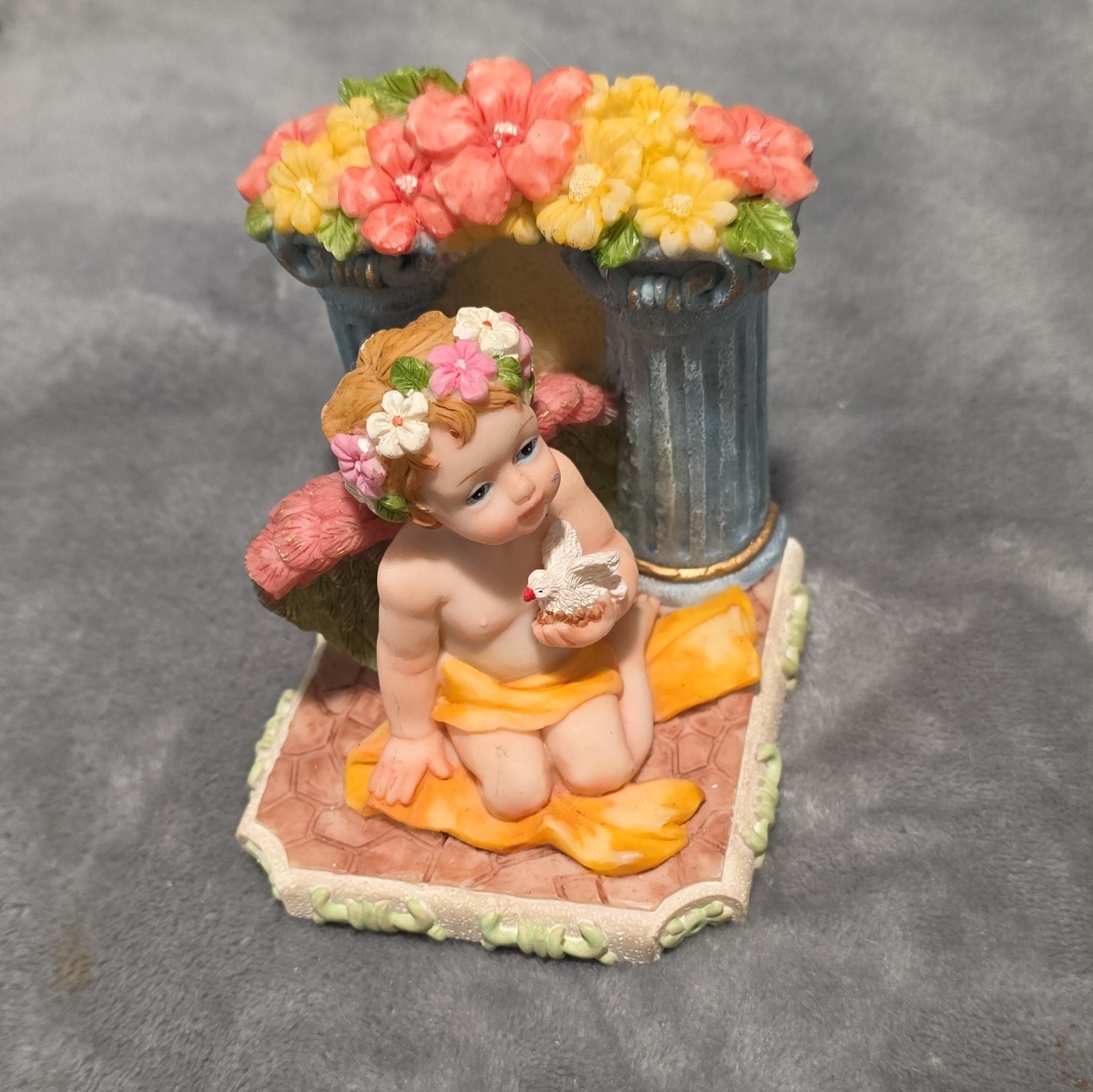 Turtle King Corp Cherub Angel Resin Figurine Hand Painted Floral Column 4 in