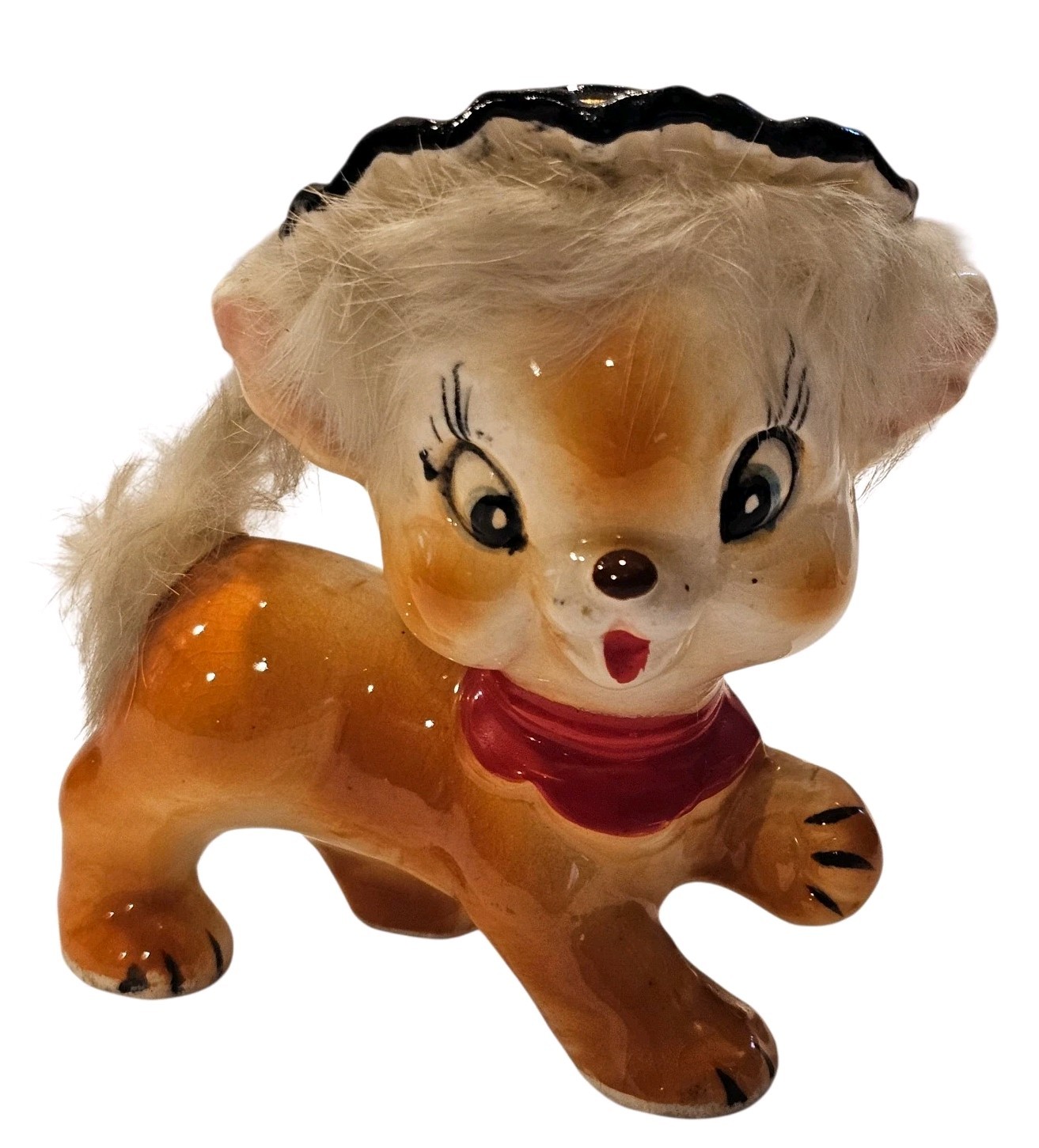 Vintage 1960’s Japan Ceramic Anthropomorphic Puppy Wearing Hat with Fur Figurine