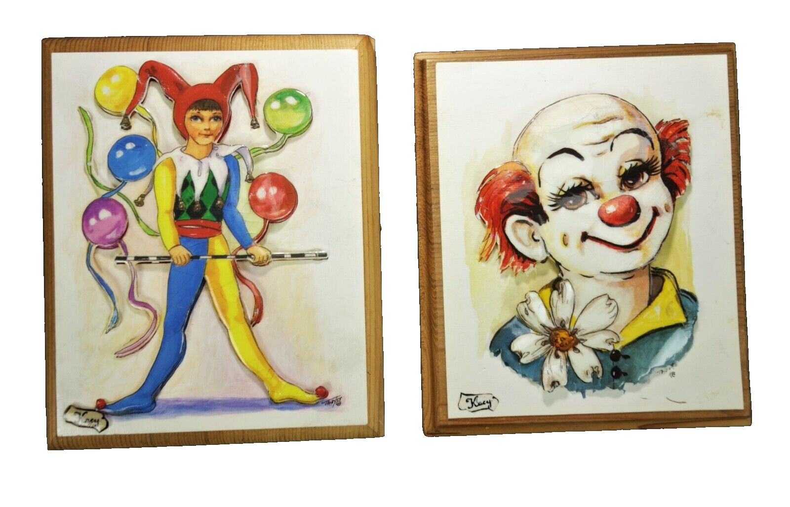 2 Wooden 3D Block Plaques Clown Jester Kacy Possum Kingdom TX Carnival Circus