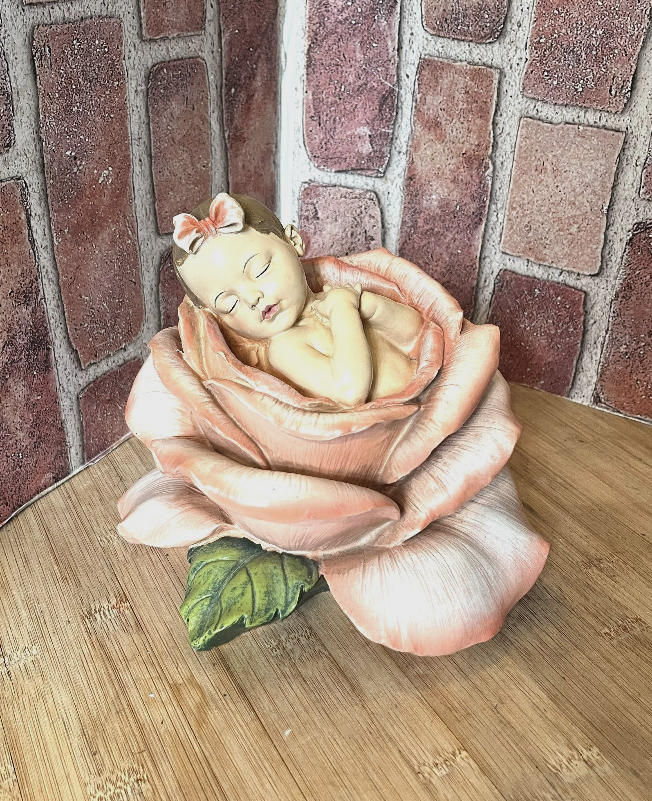 LARGE BABY IN BLOOM PINK ROSE RESIN BABY FEMALE GIRL FIGURINE/STATUE