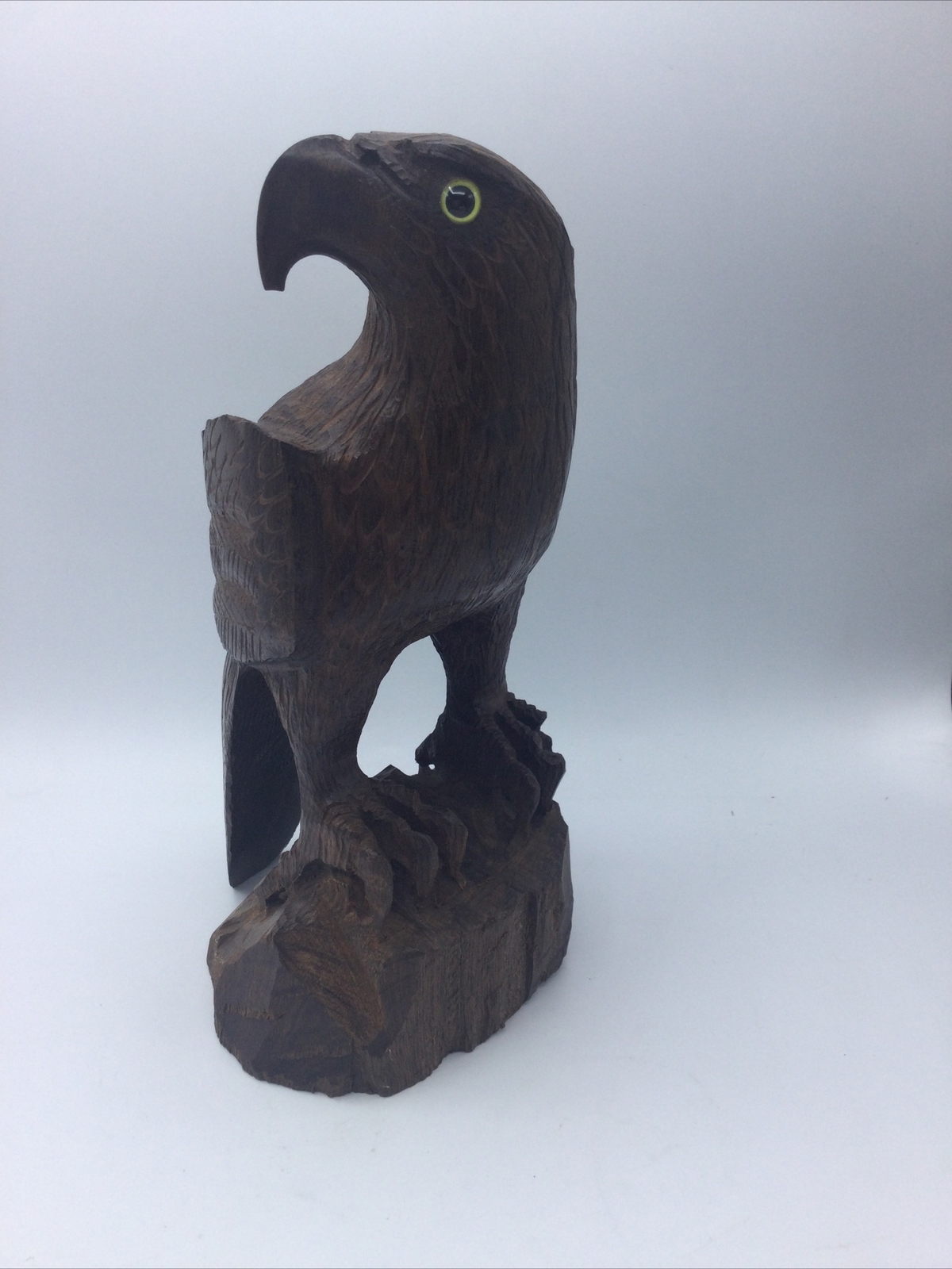Hard Wood Hand Carved Eagle Perched on Wood Stand, 11 Inches Tall