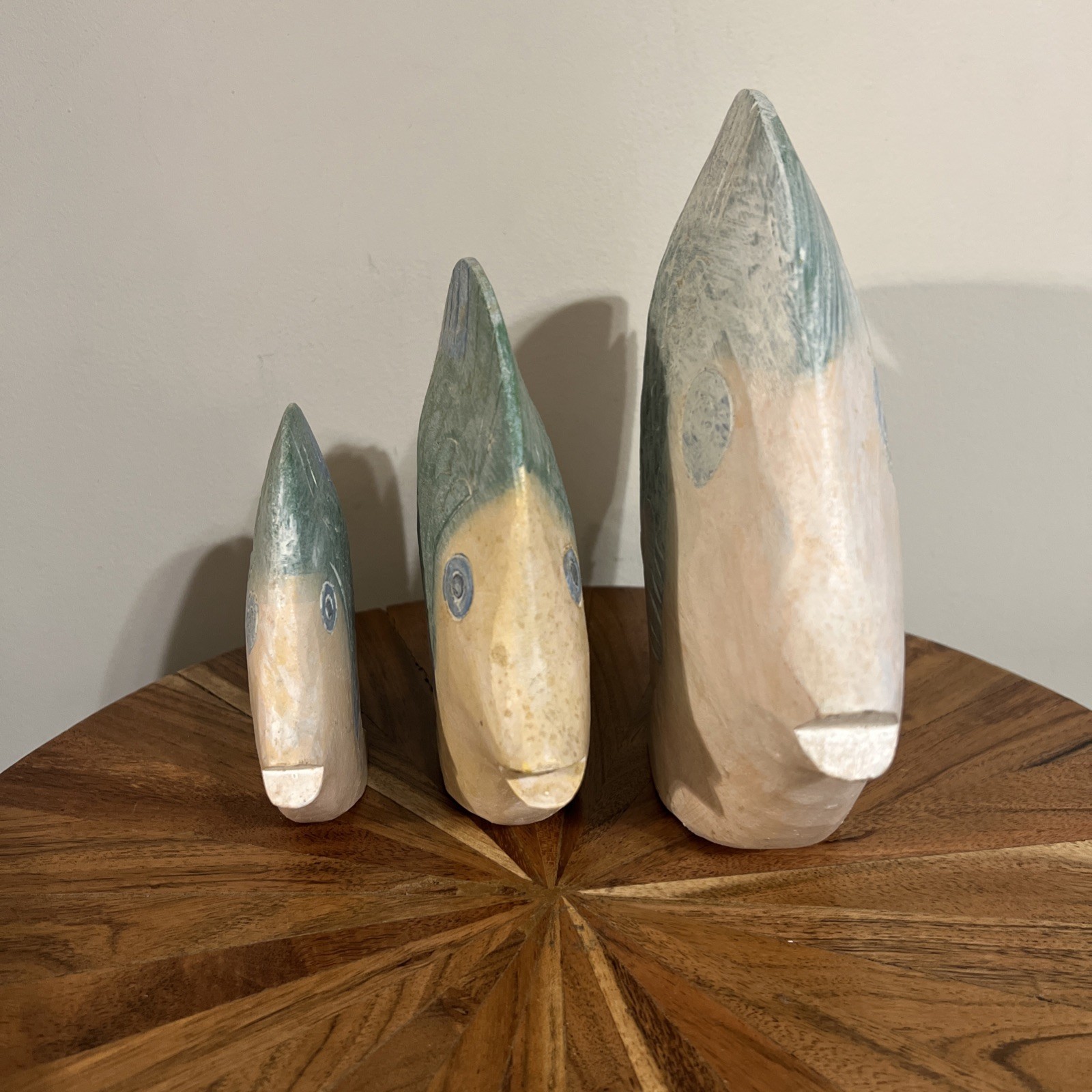 Hand Carved Wooden Tropical Fish Sculpture Coastal Decor Set Of 3 Beachhouse