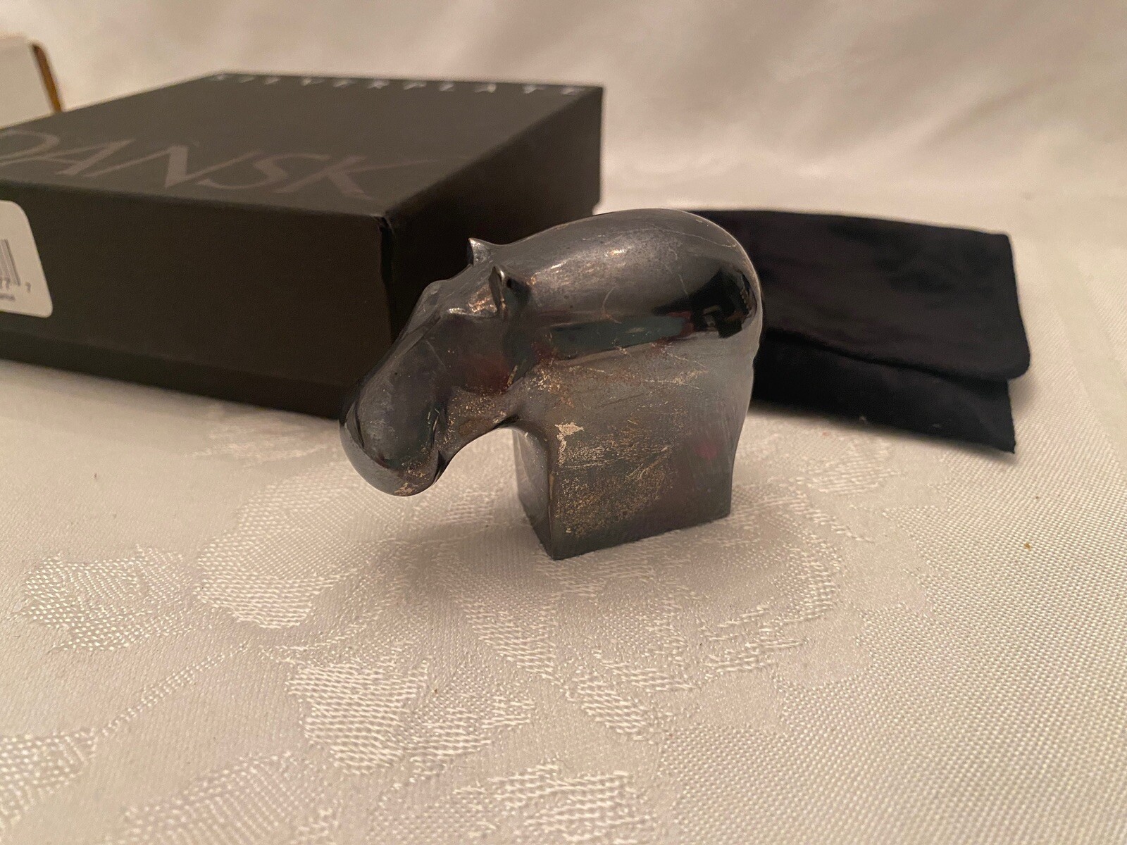 Vintage DANSK Silver plate HIPPOPOTAMUS Figurine Original Box & Bag 6 of 7
