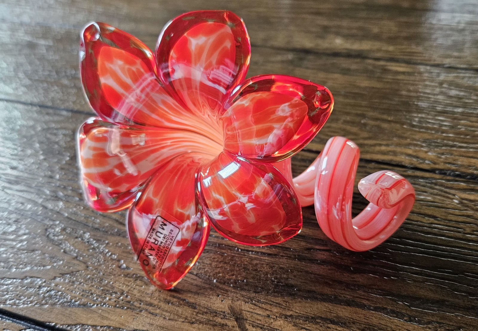 Italian Murano Style Art Glass Hibiscus Flower Red Pink Swirl Italy Sticker