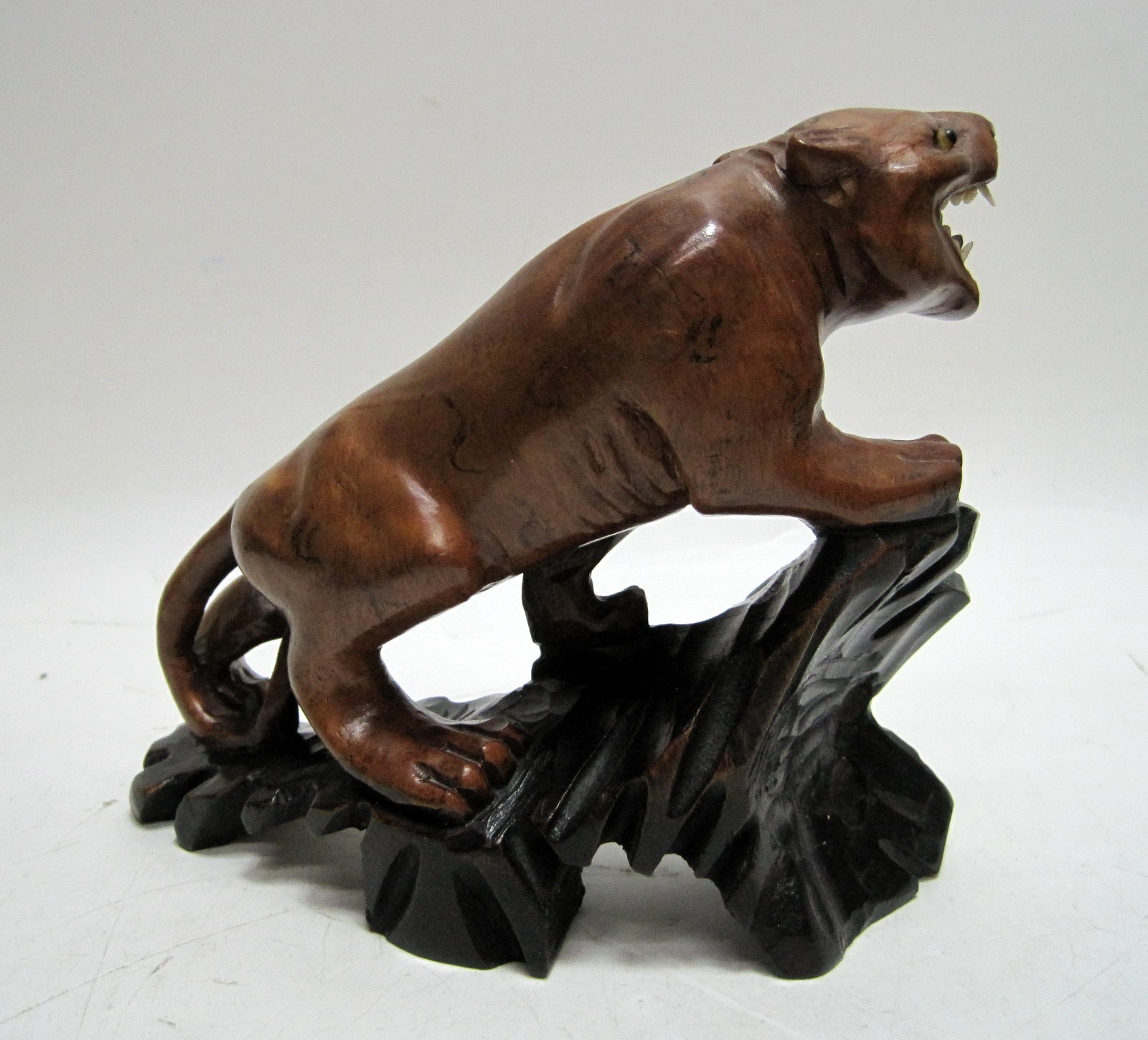 Antique Wood Carved Chinese Tigers Statue Redwood Vintage Glass Eyes Asian RARE