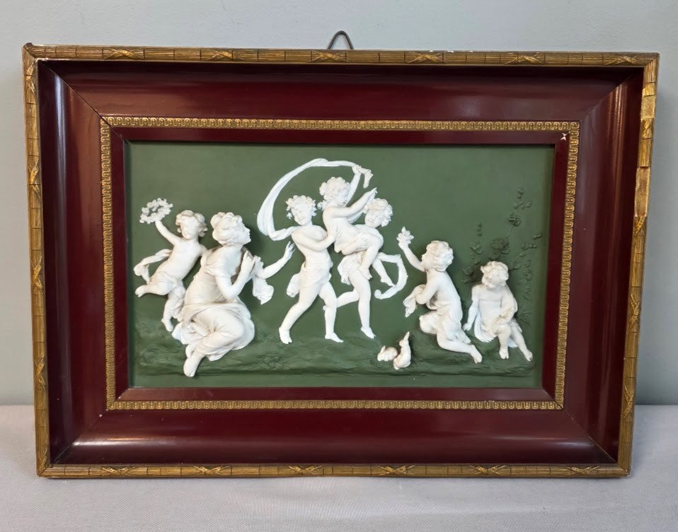 Superb Green Jasperware Plaque Maiden Children Rabbit Scenic High Relief German