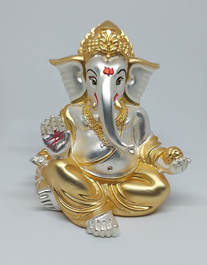 Gold and Silver Plated Matte Finish Ganesh Idol For Car Dashboard Ganesha Statue
