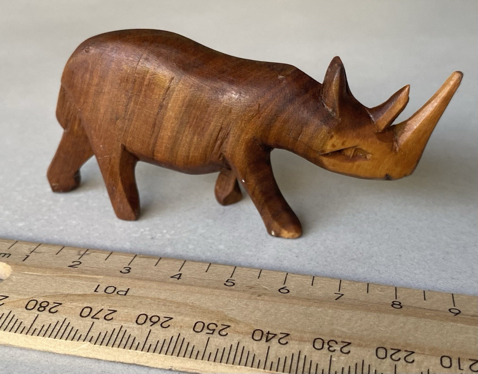 Carved Solid Timber Vintage Wildlife Figurines Hippo 15cm & Rhino 9cm