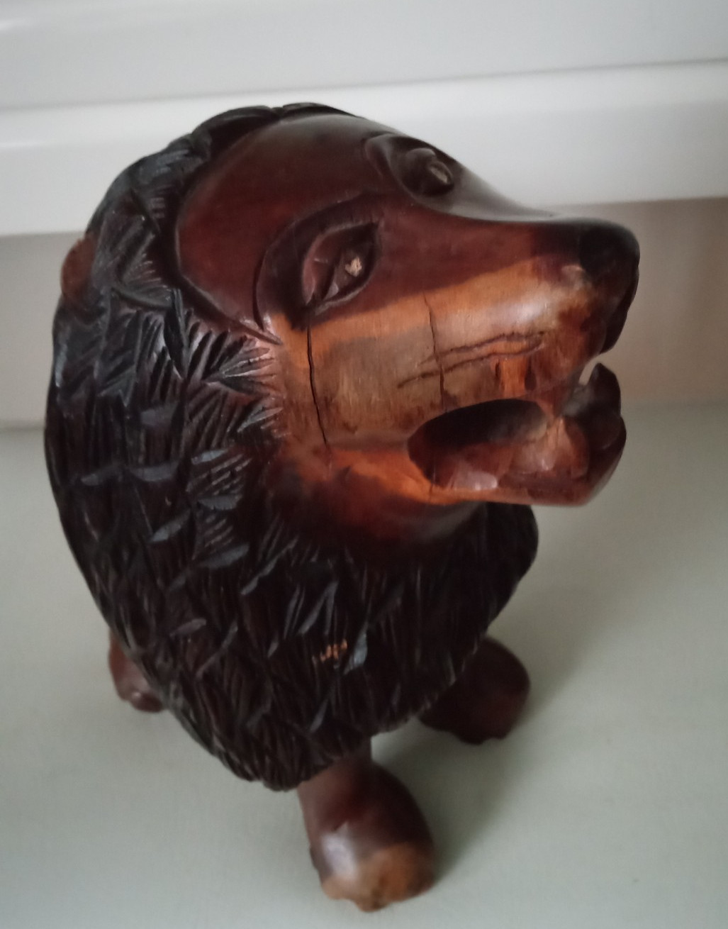 Vintage Heavy Hand-Carved Wooden Lion Statue Sculpture