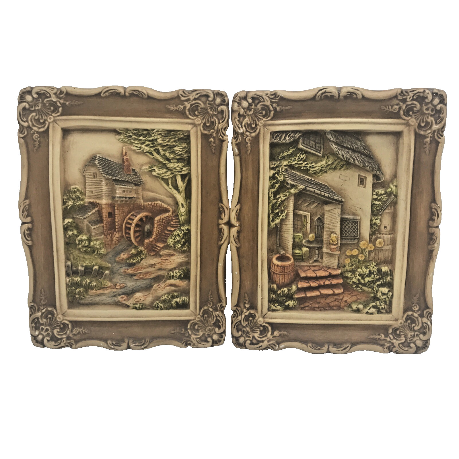 Chalkware Framed 3D Art Grist Mill Cottage Pair Of 2 Plaque 9×7” Vtg Decoration