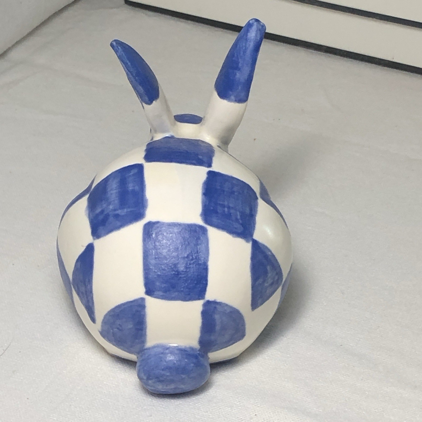 Artist-Made Hand-Painted Blue & White Checkered Porcelain Rabbit Signed Roque