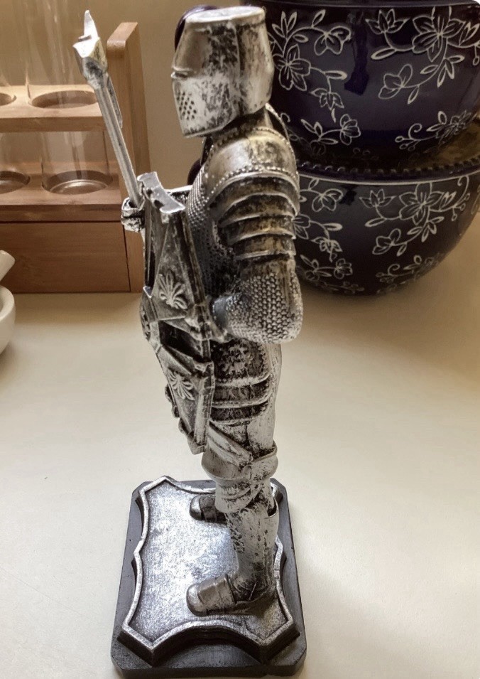 Medieval Knight Resin Statue: Antique Silver Finish, Sword, Shield, Helmet