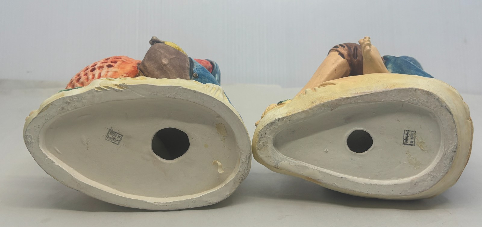 Ceramic Figurines Old Woman Making Basket and Old Man Carving Statue Portugal