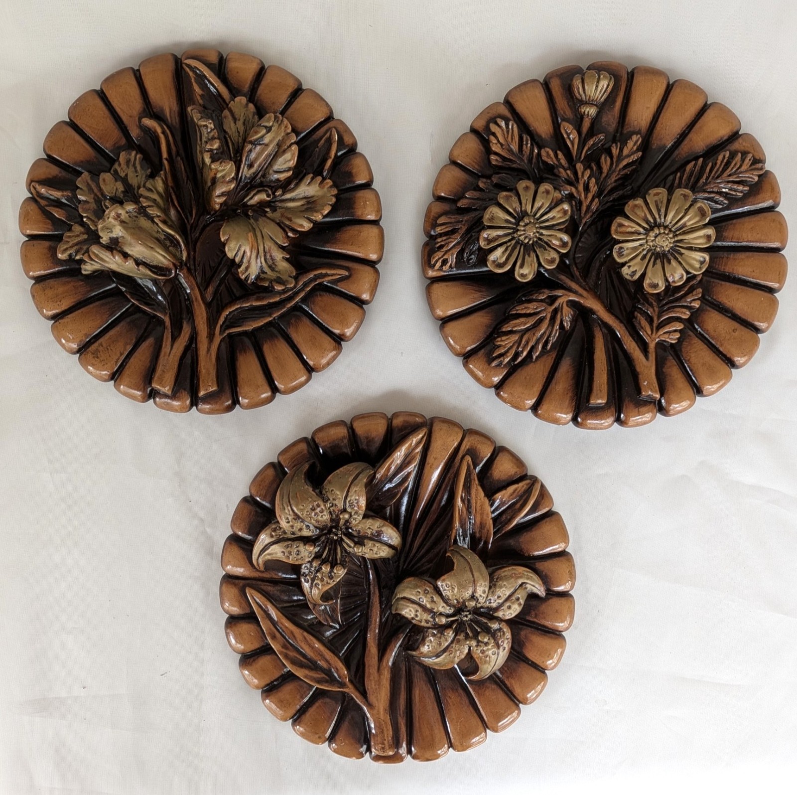 Set Of 3 Gold Chalkware Plaster Round Wall Plaques Flowers 4 Seasons Retro MCM