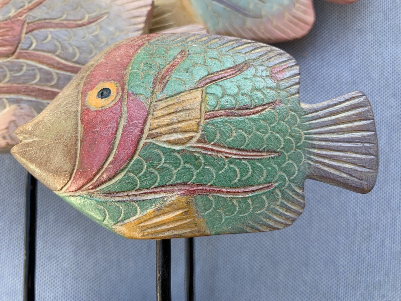 Vintage Handcarved 3 Pastel Wooden Fish Marine Figurine on Wood Base, Thailand