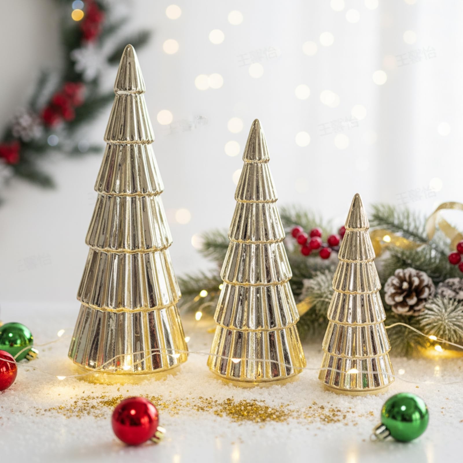 3 Pieces Gold Ceramic Christmas Tree Figurines Tabletop Small Decorative Xmas…