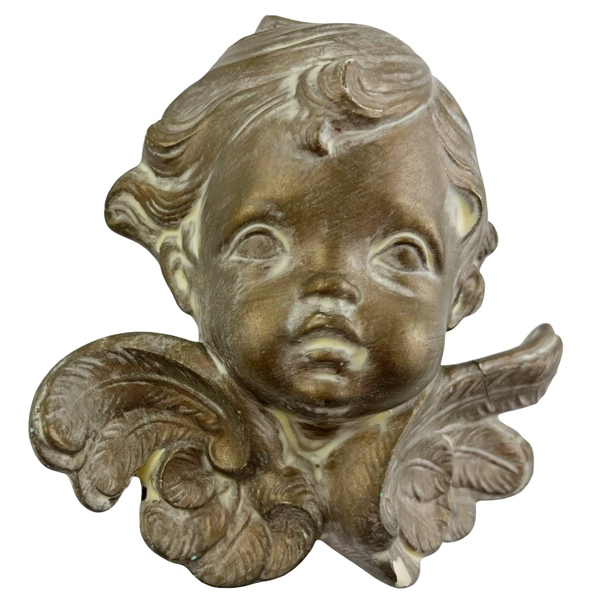 Vintage Scioto Cherub Angel Head 1987 Antiqued Gold Glaze Ceramic Bisque Wall 4″