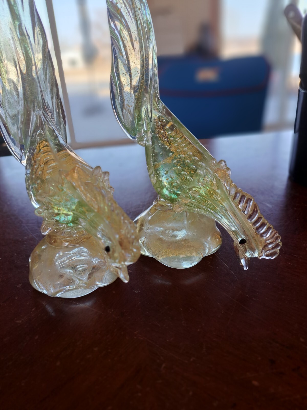 Murano Venetian Mid Century Rare Pair of Gold Flakes Pheasant Tailed Roosters