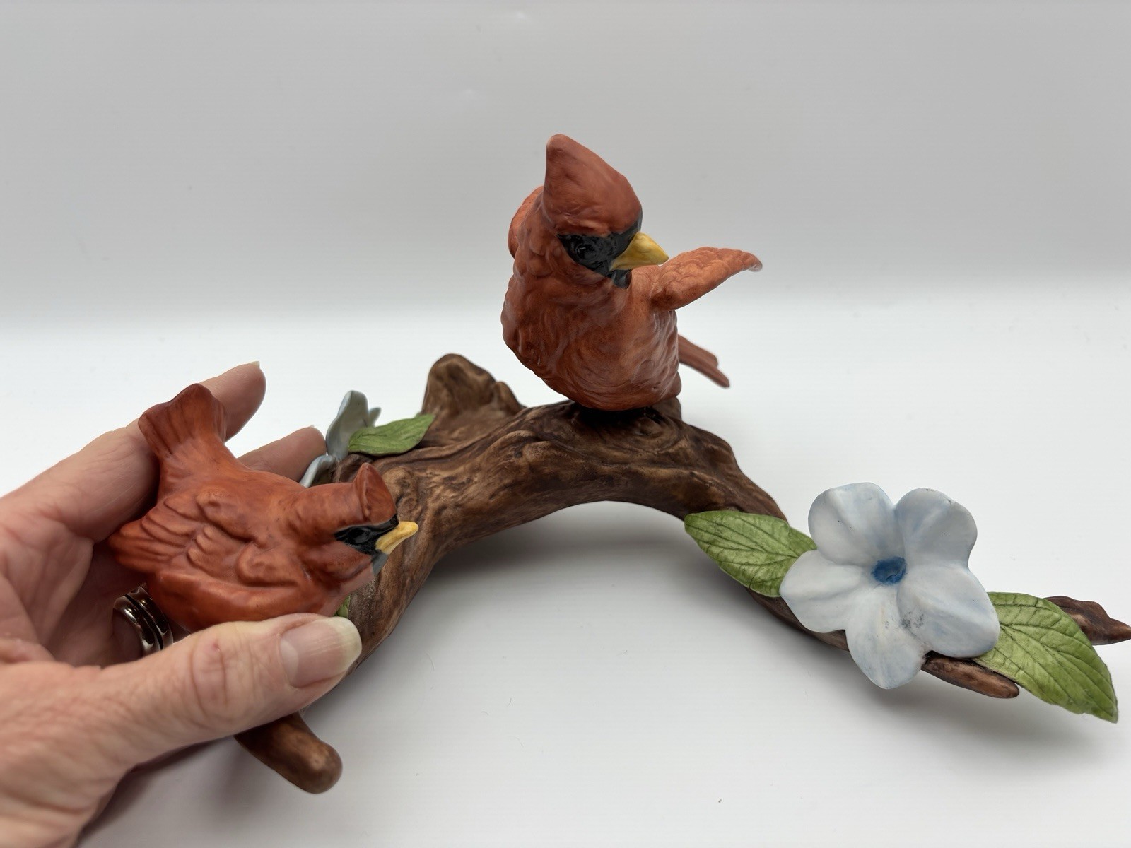 Vintage Hand Painted Porcelain Cardinals On Branch Figurine w/flowers 9×5”