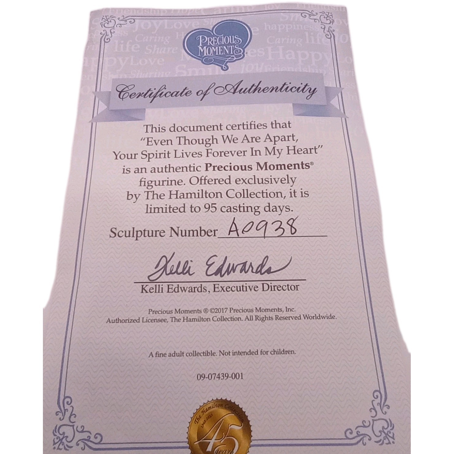 Precious Moments Even Though We’re Apart Limited Ed Cert Of Authenticity 2017