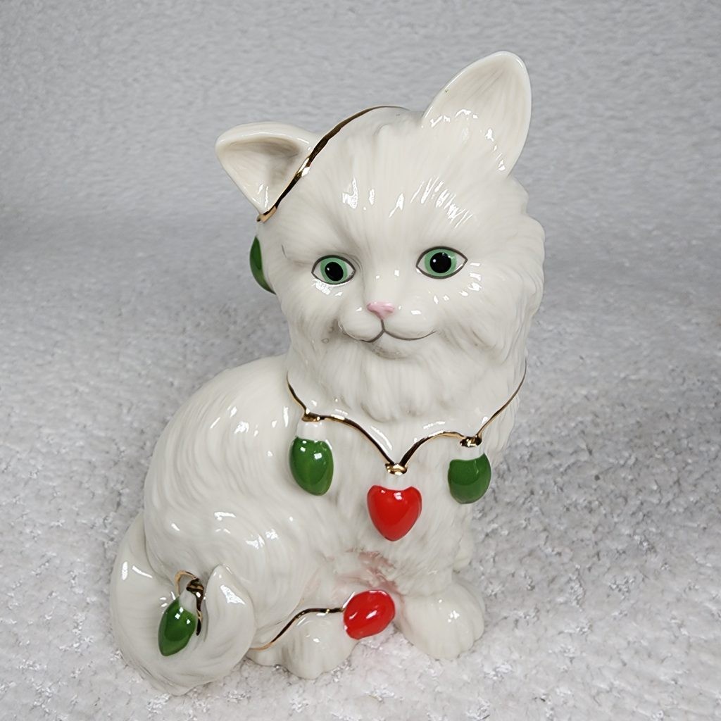 Lenox Christmas Cat Figurine Kitten Wrapped in Holiday Lights Porcelain Gold Trm