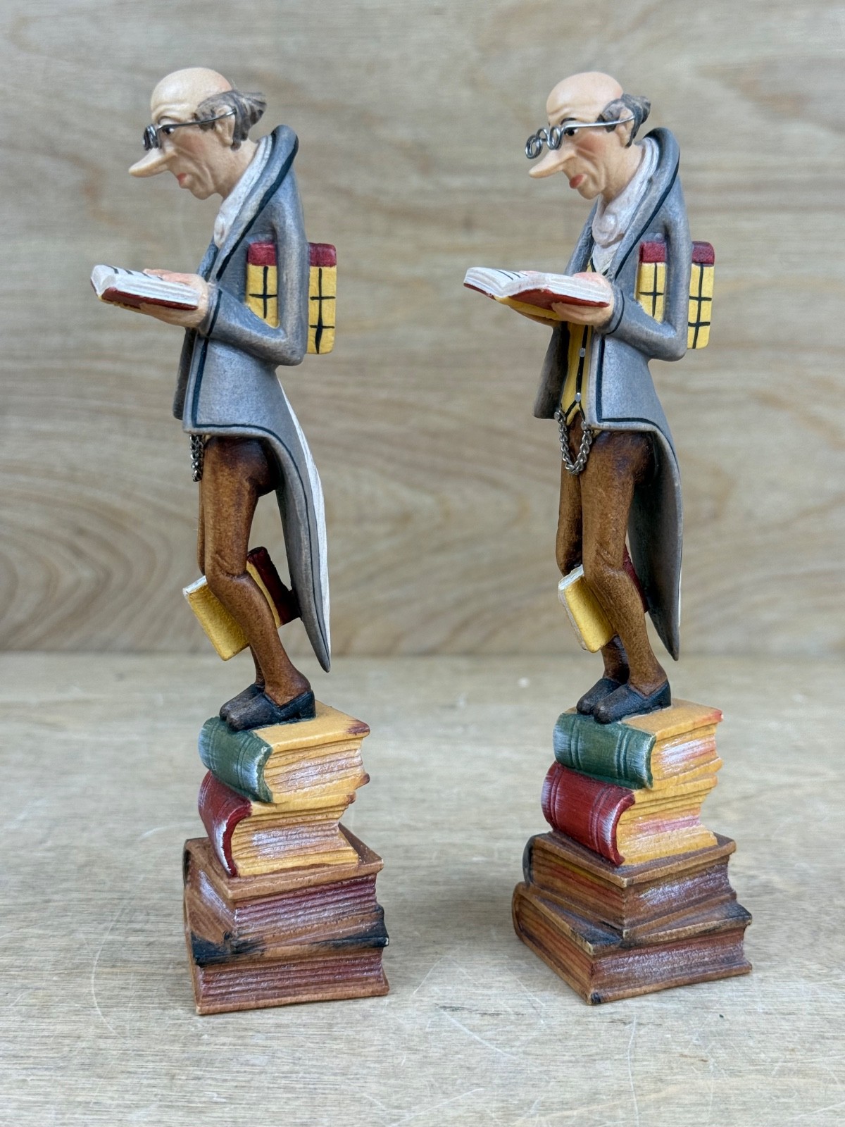 Pair Original Lepi Woodcarving Reader Sculpture Book Man Prinoth Leo Italy 6″