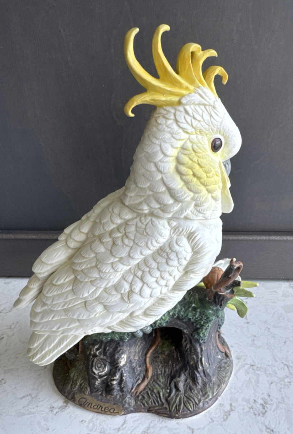 Andrea by Sadek. VTG Yellow Cockatoo figure. #6643. Flaw. Approx 11″ x 8″. Label