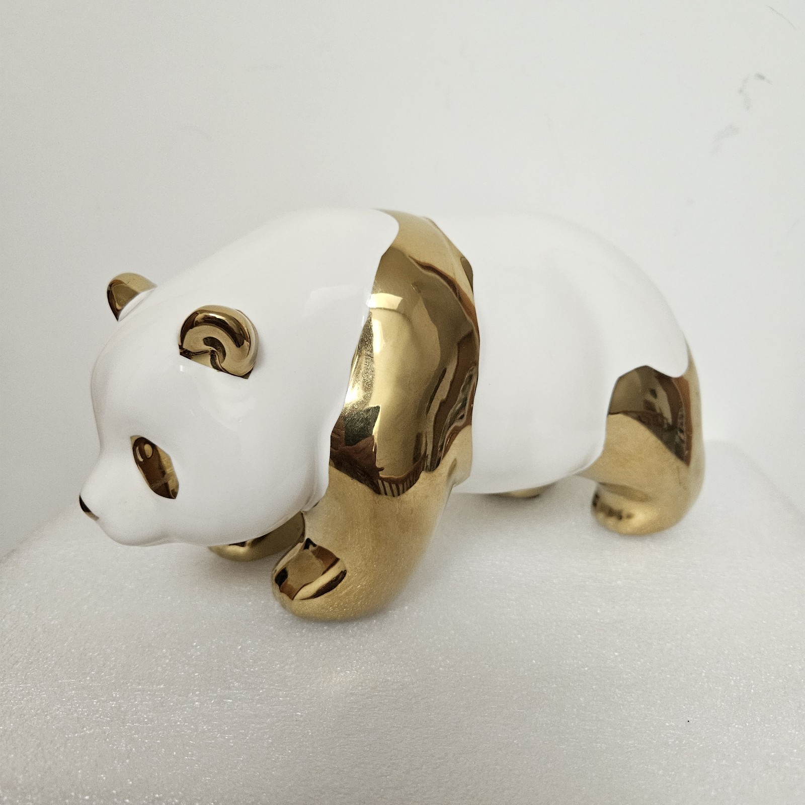 Porcelain Panda Figurine ~ Gold And White ~ 5″ x 8.5″