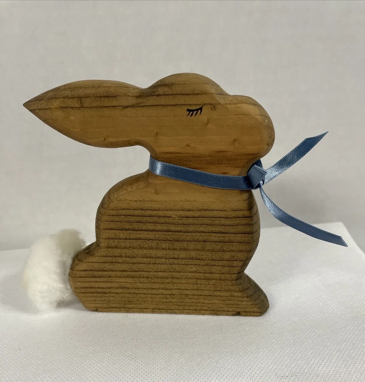 Vintage Handmade Wooden Rabbit Bunny Figure w/ Ribbon, Cotton Ball Tail 4.5”