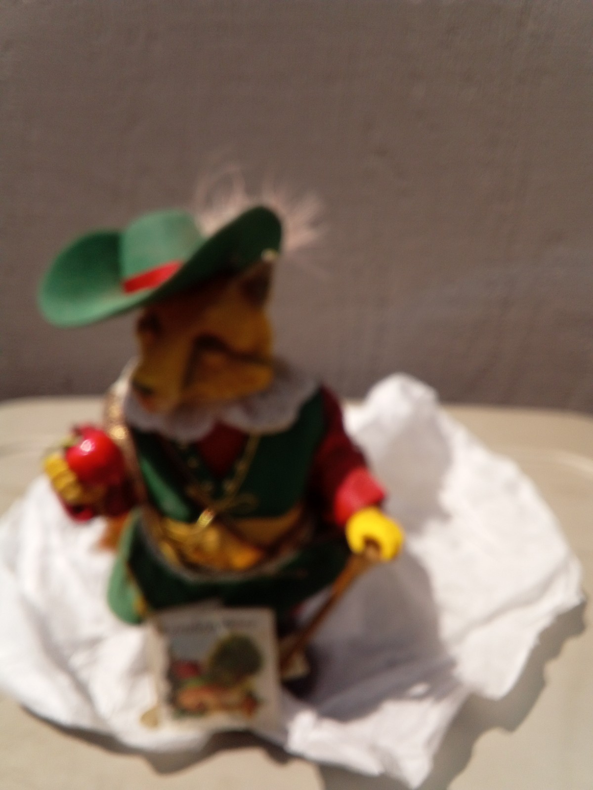 Multicolor Fabric Fox Figurine Green Costume Feathered Hat Holding Red Apple