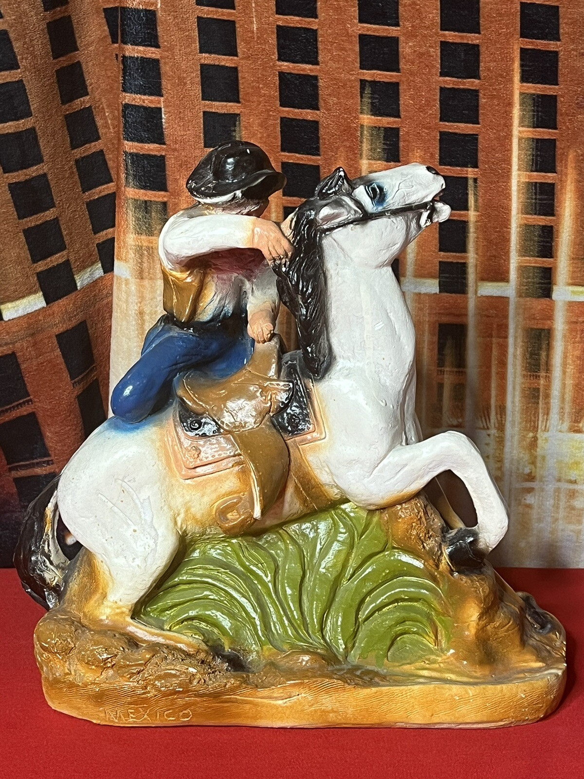 Vintage 1950s-70s Horse Rider Made In Mexico Hand Painted Chalk Statue.