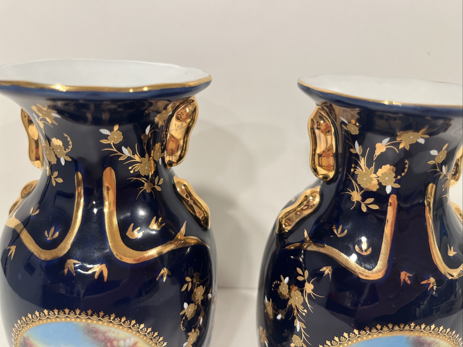 Porcelain Blue And Gold Historical Figures Vases 6” Tall