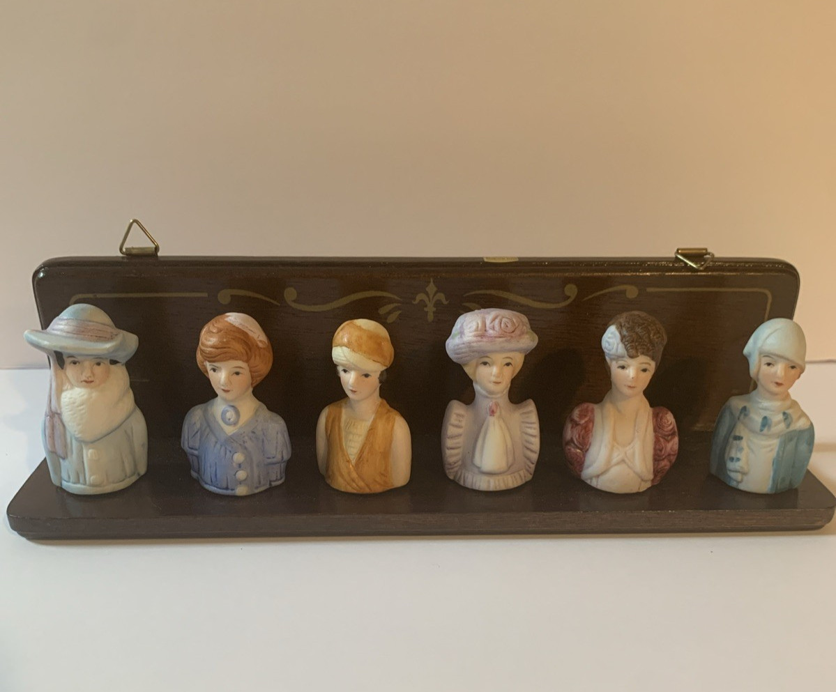 Vintage American Fashion Porcelain set/6 Lady Thimbles w/ 1 Wooden Display Rack