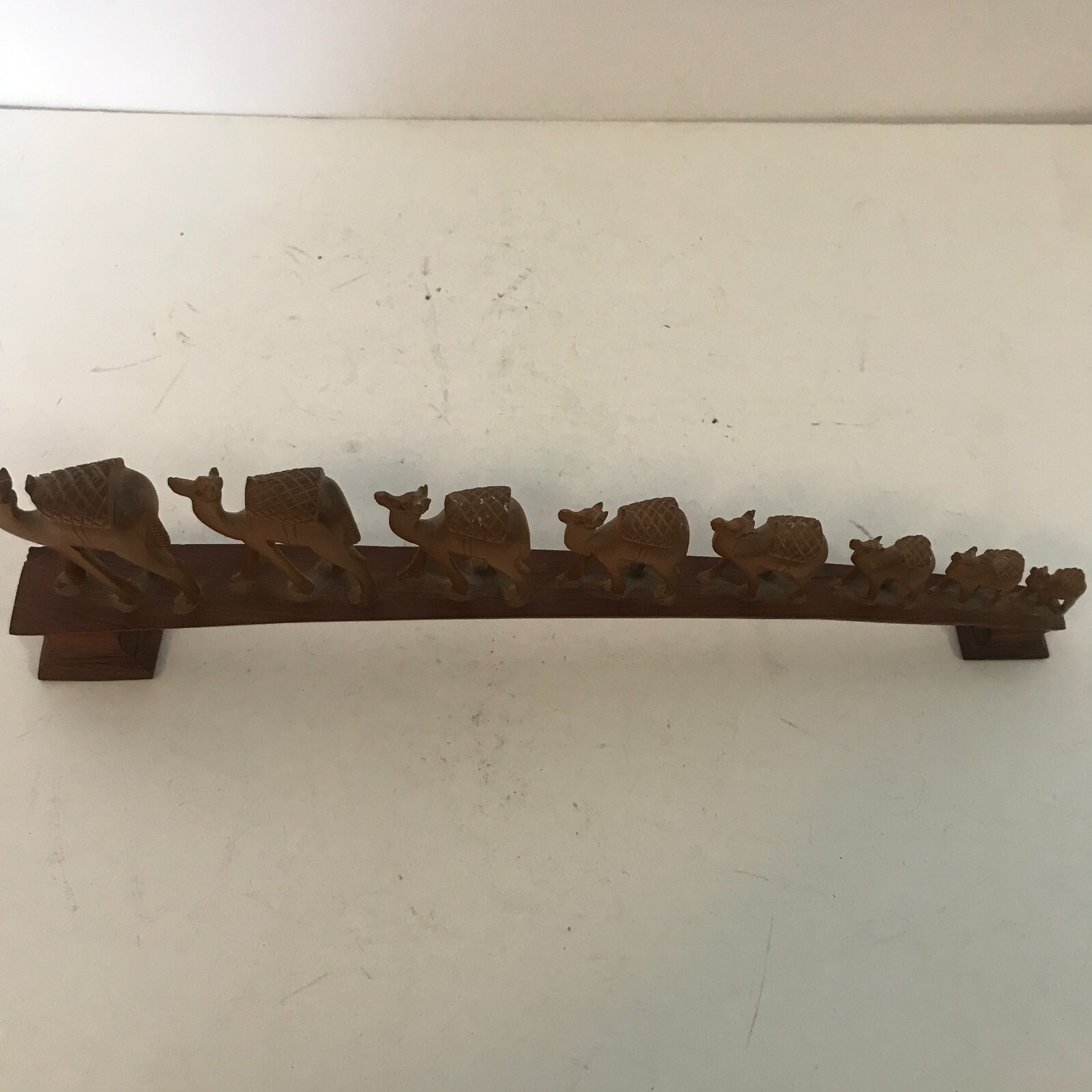Vintage Hand Carved Wooden Figure 8 Camels Walking in Line 3D 11.25″ Long India