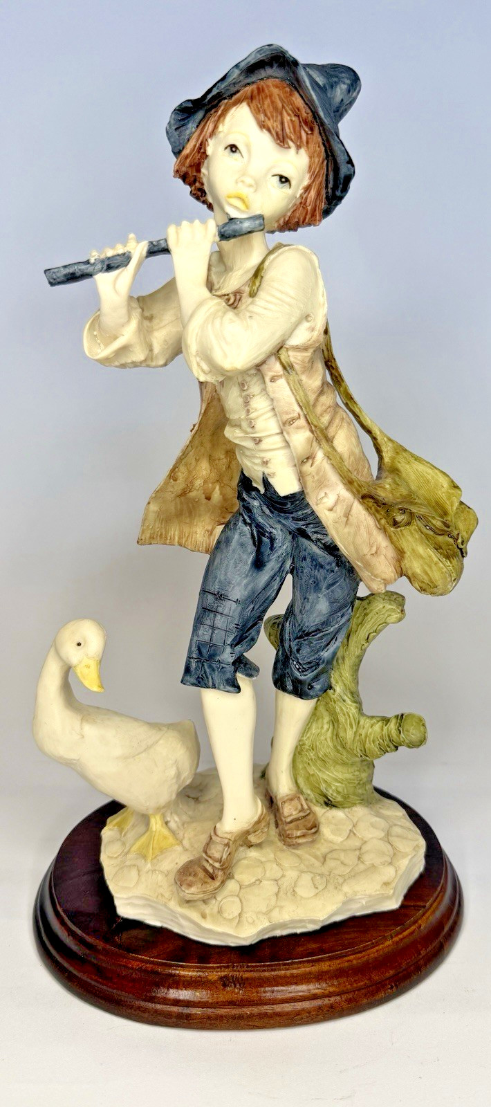 Capodimonte Style Boy Playing Flute Goose Figurine Italy Porcelain Wood Base VTG