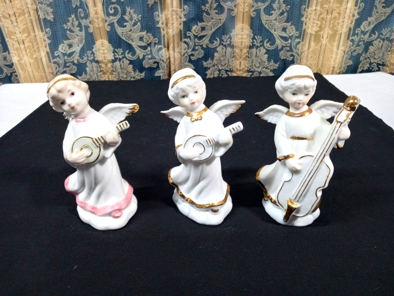 Vintage White Porcelain Angels W/Gold Trim Playing Instruments Lot Of 3