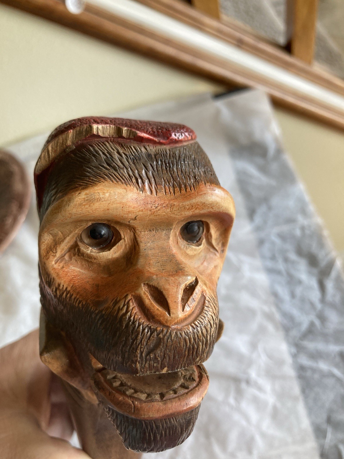 Vintage BLACK FOREST Swiss Carved Wood Ape With Collar & Glass Eyes NUTCRACKER