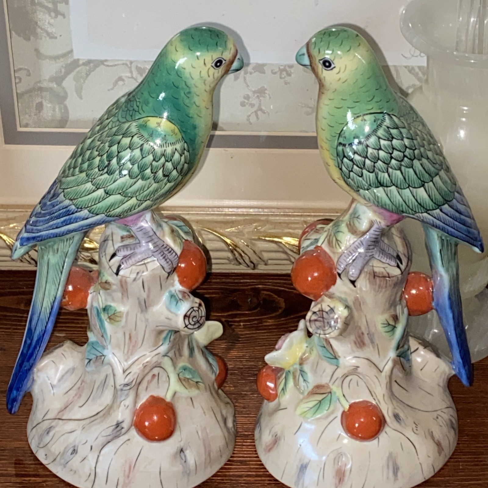 Vintage Andrea Sadek MCM Majolica Parrot Figurines Matched Pair