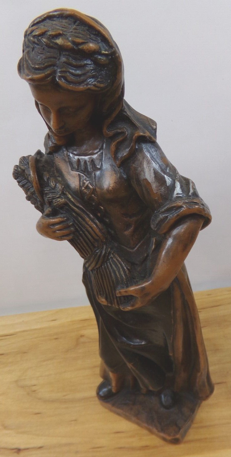 Vintage German Wax Figurine of Lady Carrying a Bundle of Wheat 13 inches Tall