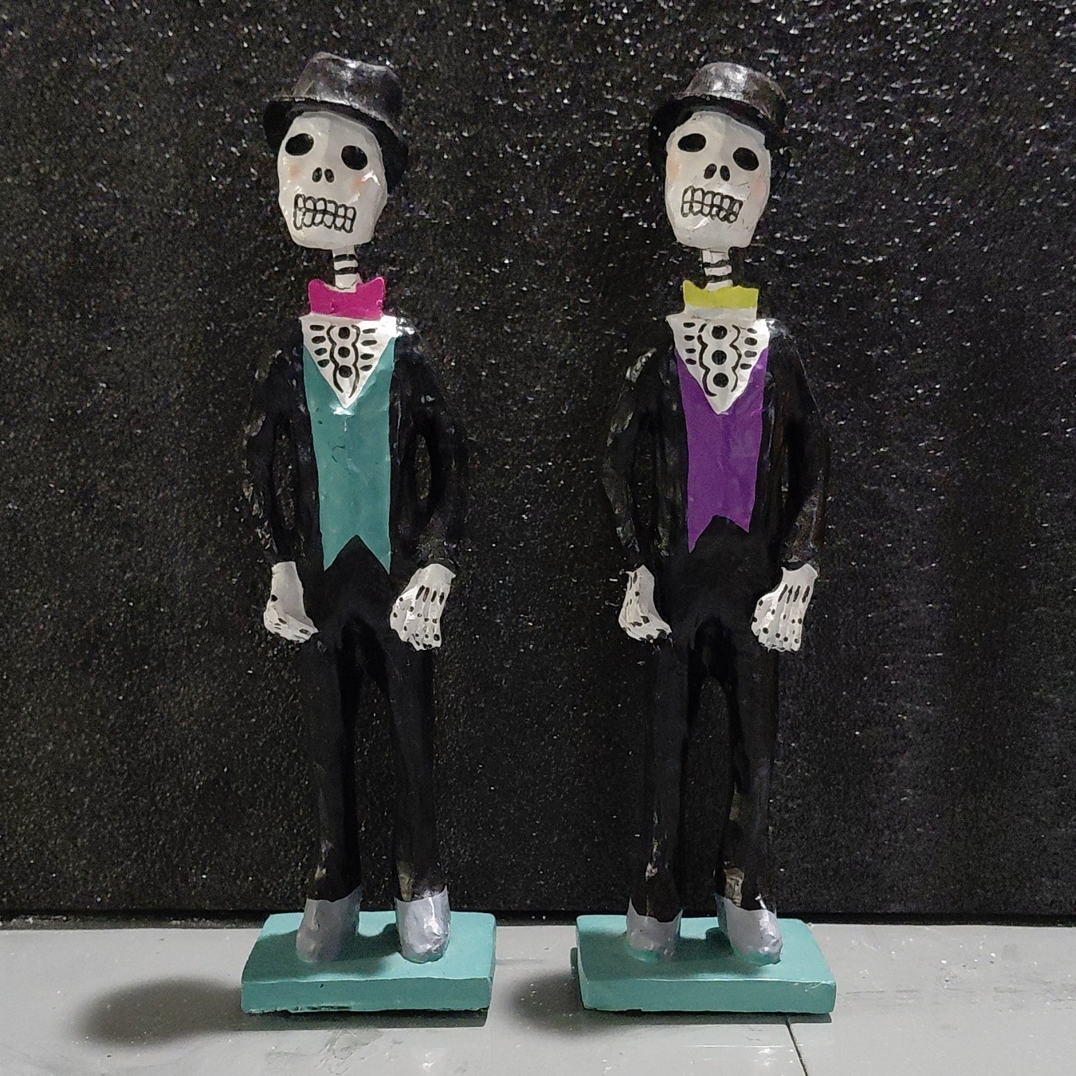 Hand Painted Skeleton Gentleman Figurines Set of 2 Top Hats Teal Bases Halloween
