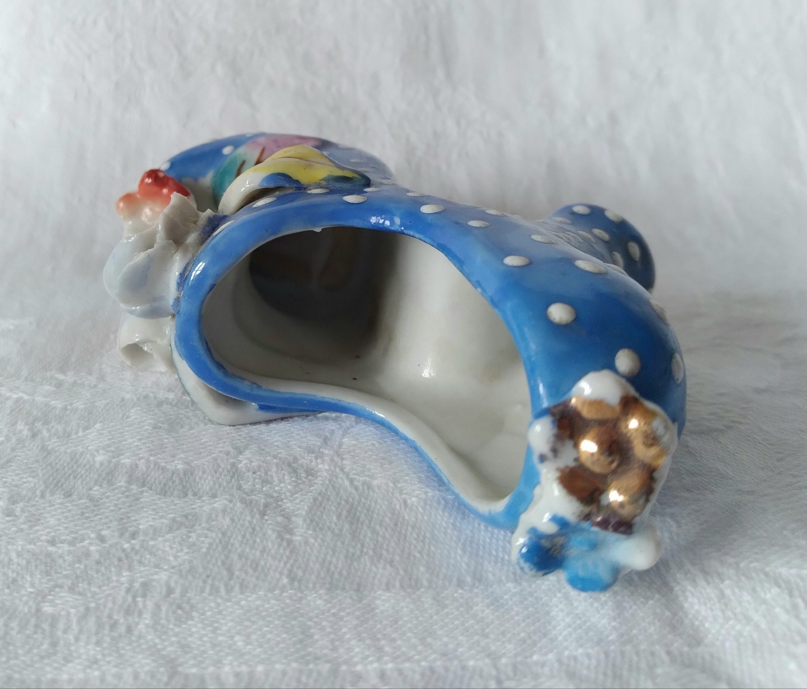 Vintage Bright Blue Polka Dot High Heel Shoe Hand Painted Leaf Flower Gold Japan
