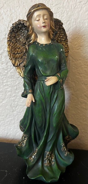 Vintage Angle with Green Dress Figurine, 11″, heavy over two lbs.