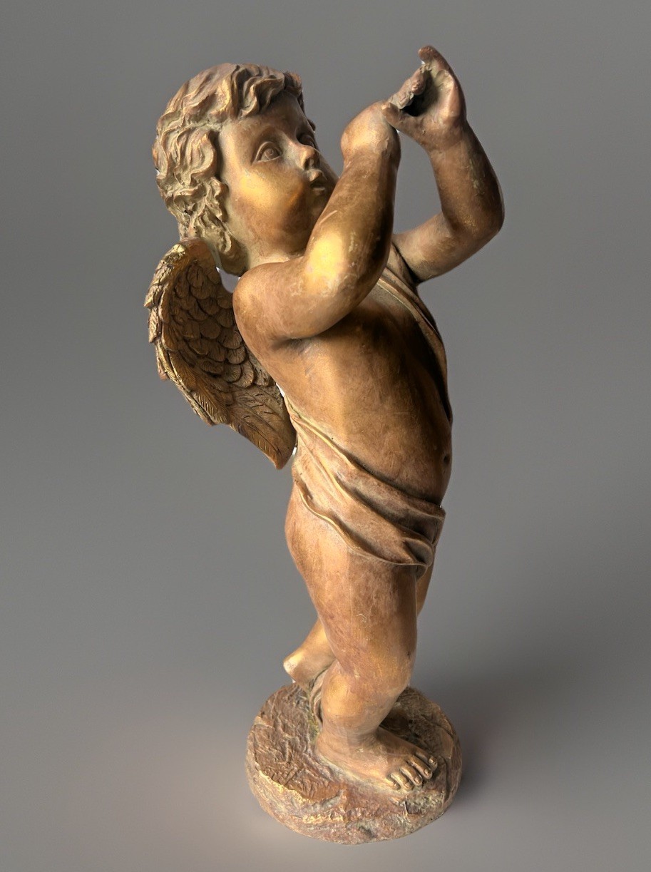 Vintage Gilded Cherub Figurine Angel statue Decor Gold Tone 19”Tall
