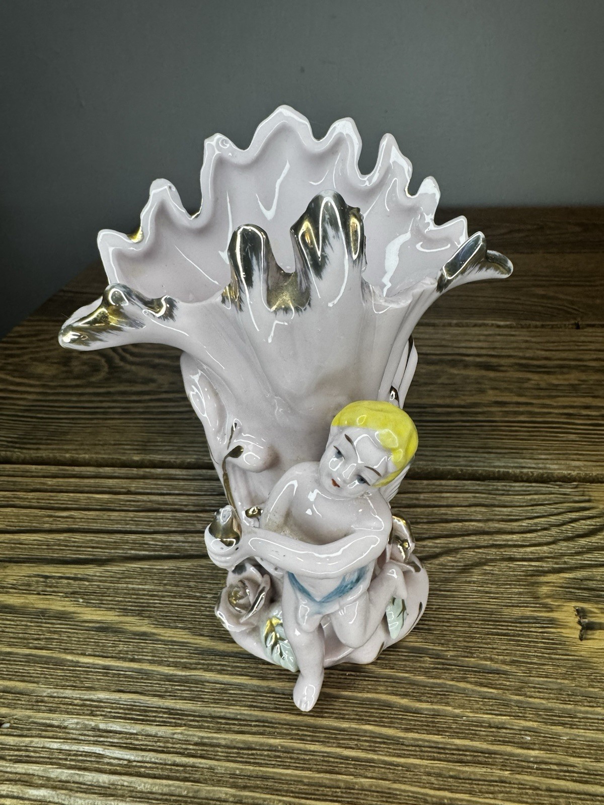 Vintage Porcelain Cherub Vase Ruffled Lustre Rim Silver Gold Angel Figurine