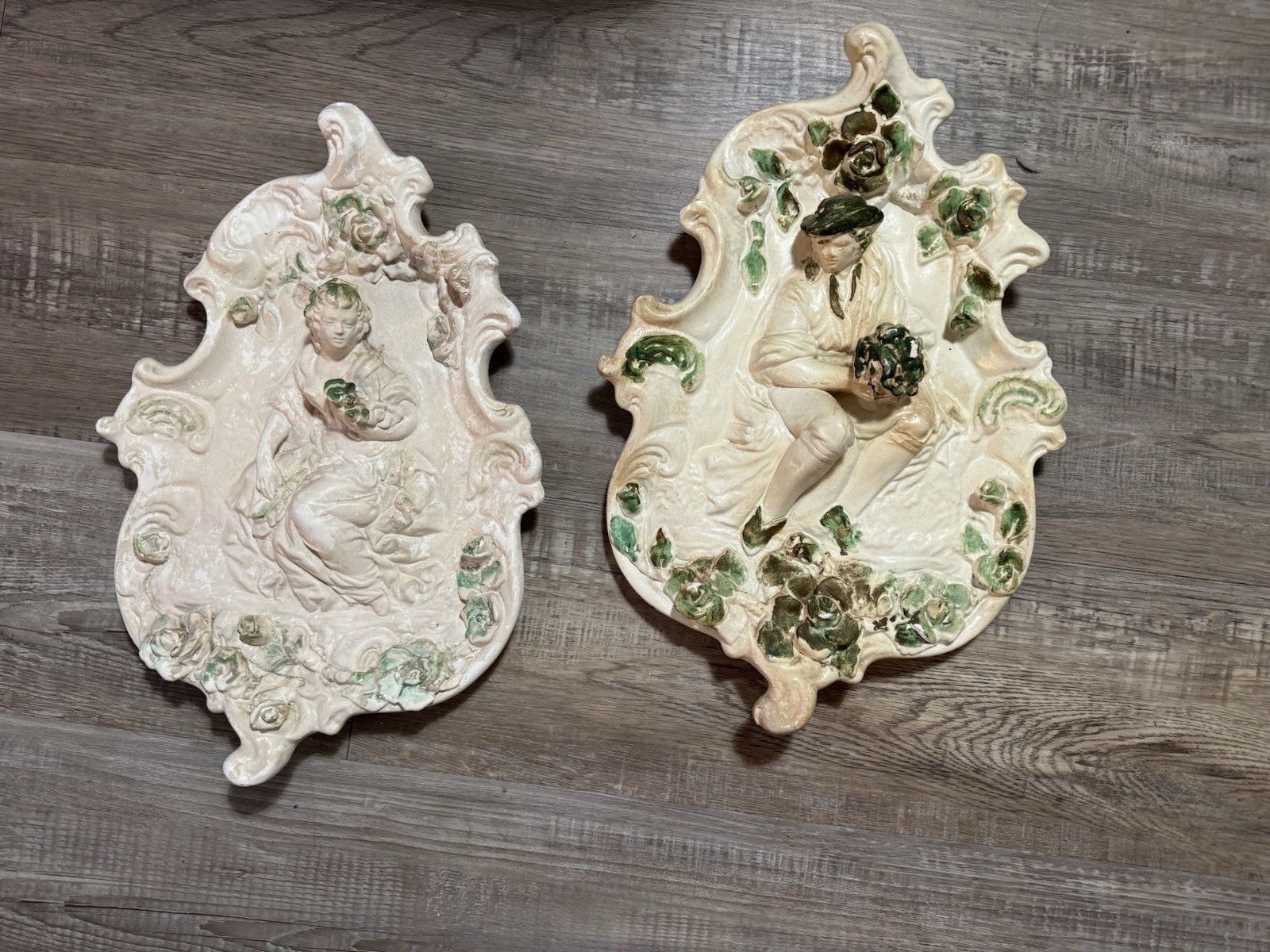 Vintage Pair Chalkware Wall Plaque Art Nouveau Romantic Cottagecore Shabby Chic