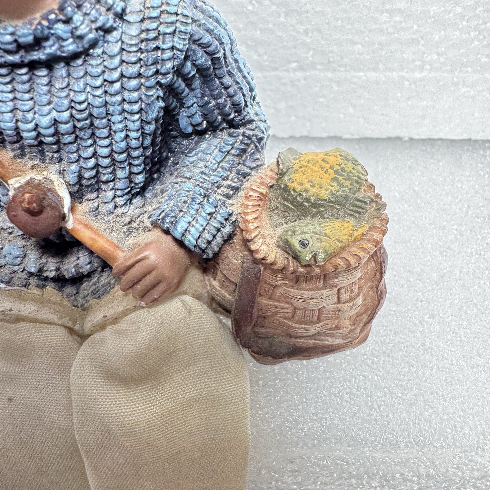 Black/African American Boy Shelf Sitter Fish Fabric Dangling Legs Resin Fishing