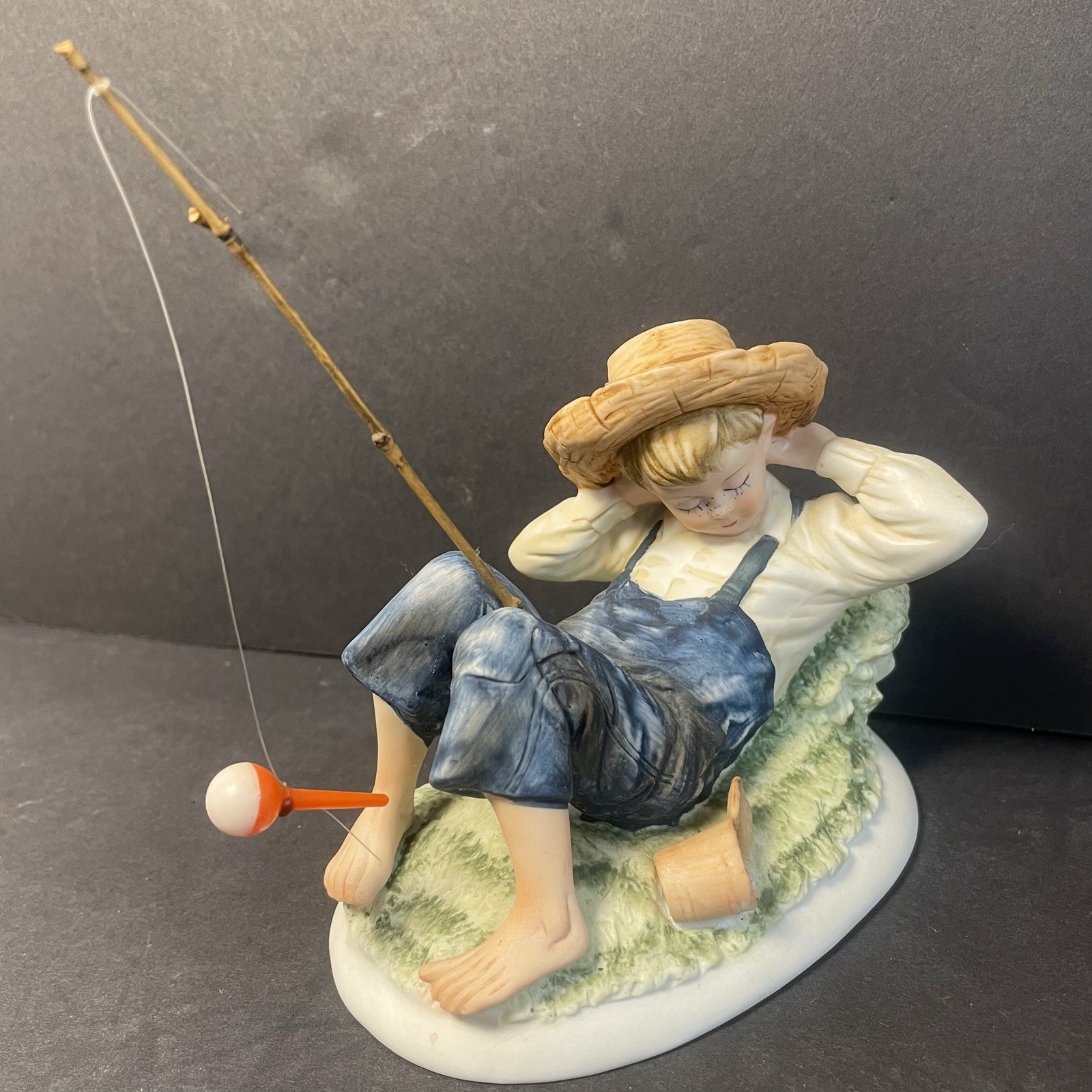 Lefton Bisque Figurine KW3839 Napping Barefoot Boy Fisherman In Overalls Vintage