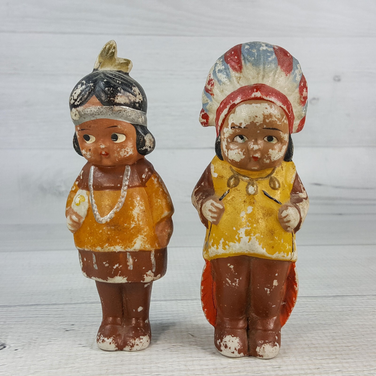 Vintage Native American Indian Kids Boy & Girl 5″ Figurine Set Porcelain Bisque
